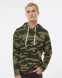 J. America 8871 Men’s Triblend Fleece Hooded Sweatshirt – Camo Triblend (on model)