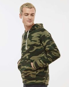 J. America 8871 Men’s Triblend Fleece Hooded Sweatshirt – Camo Triblend (on model side)