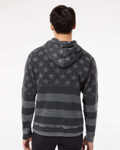 J. America 8871 Men’s Triblend Fleece Hooded Sweatshirt – Black Stars & Stripes Triblend (on model back)