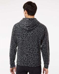 J. America 8871 Men’s Triblend Fleece Hooded Sweatshirt – Black Leopard Triblend (on model back)