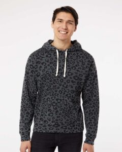 J. America 8871 Men’s Triblend Fleece Hooded Sweatshirt – Black Leopard Triblend (on model)