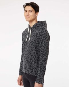 J. America 8871 Men’s Triblend Fleece Hooded Sweatshirt – Black Leopard Triblend (on model side)