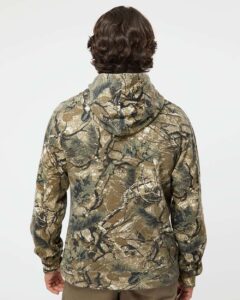 J. America 8879 Men’s Gaiter Fleece Hooded Sweatshirt – Outdoor Camo (on model back)