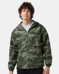 Champion CO200 Unisex Packable Anorak Jacket – Olive Green Camo (on model)
