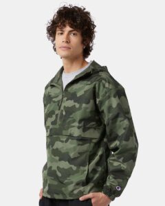 Champion CO200 Unisex Packable Anorak Jacket – Olive Green Camo (on model side)