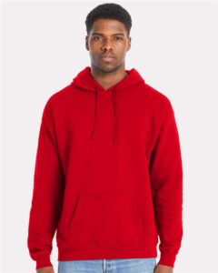 Hanes RS170 Unisex Perfect Sweats Hooded Sweatshirt – Athletic Red (on model)