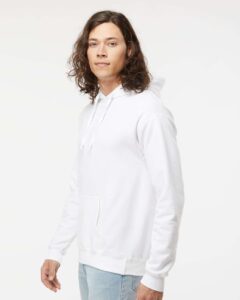 Hanes RS170 Unisex Perfect Sweats Hooded Sweatshirt – White (on model side)