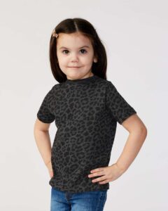 Rabbit Skins 3321 Toddler Fine Jersey Tee – Black Leopard (on model)