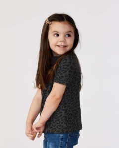 Rabbit Skins 3321 Toddler Fine Jersey Tee – Black Leopard (on model side)