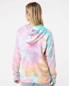MV Sport W1162 Women’s Courtney Burnout V-Notch Hooded Sweatshirt – Rainbow Sorbet (on model back)