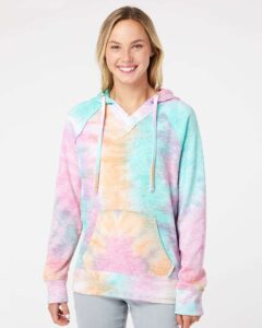 MV Sport W1162 Women’s Courtney Burnout V-Notch Hooded Sweatshirt – Rainbow Sorbet (on model)