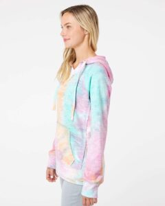 MV Sport W1162 Women’s Courtney Burnout V-Notch Hooded Sweatshirt – Rainbow Sorbet (on model side)