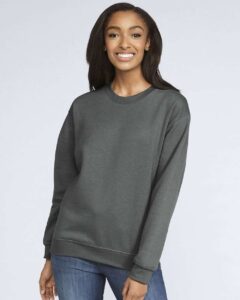 Gildan SF000 Unisex Softstyle® Midweight Crewneck Sweatshirt – Charcoal (on model)