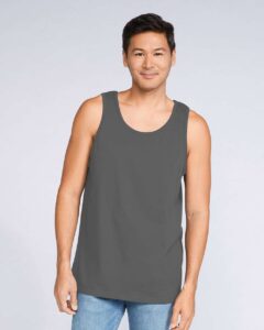 Gildan 64200 Unisex Softstyle® Tank Top – Charcoal (on model)