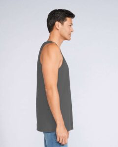 Gildan 64200 Unisex Softstyle® Tank Top – Charcoal (on model side)