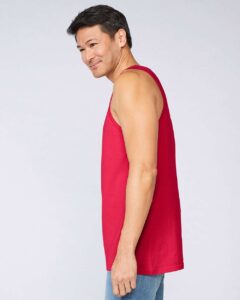 Gildan 64200 Unisex Softstyle® Tank Top – Red (on model side)