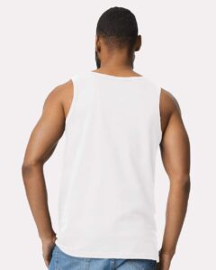 Gildan 64200 Unisex Softstyle® Tank Top – White (on model back)