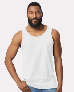 Gildan 64200 Unisex Softstyle® Tank Top – White (on model)