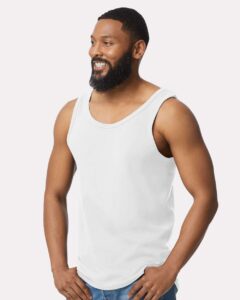 Gildan 64200 Unisex Softstyle® Tank Top – White (on model side)