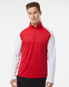 Badger 4231 Men’s Breakout Quarter-Zip Pullover – Red/ White (on model)