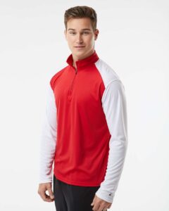 Badger 4231 Men’s Breakout Quarter-Zip Pullover – Red/ White (on model side)