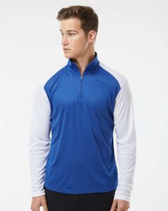 Badger 4231 Men’s Breakout Quarter-Zip Pullover – Royal/ White (on model)