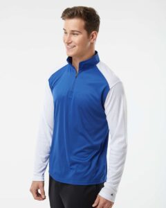 Badger 4231 Men’s Breakout Quarter-Zip Pullover – Royal/ White (on model side)