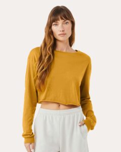 BELLA + CANVAS 6501 Women’s FWD Fashion Crop Long Sleeve Tee – Mustard (on model)