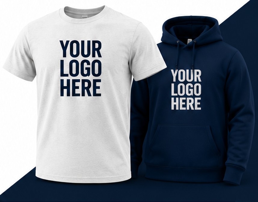 White t-shirt and navy hoodie printed with Your Logo Here